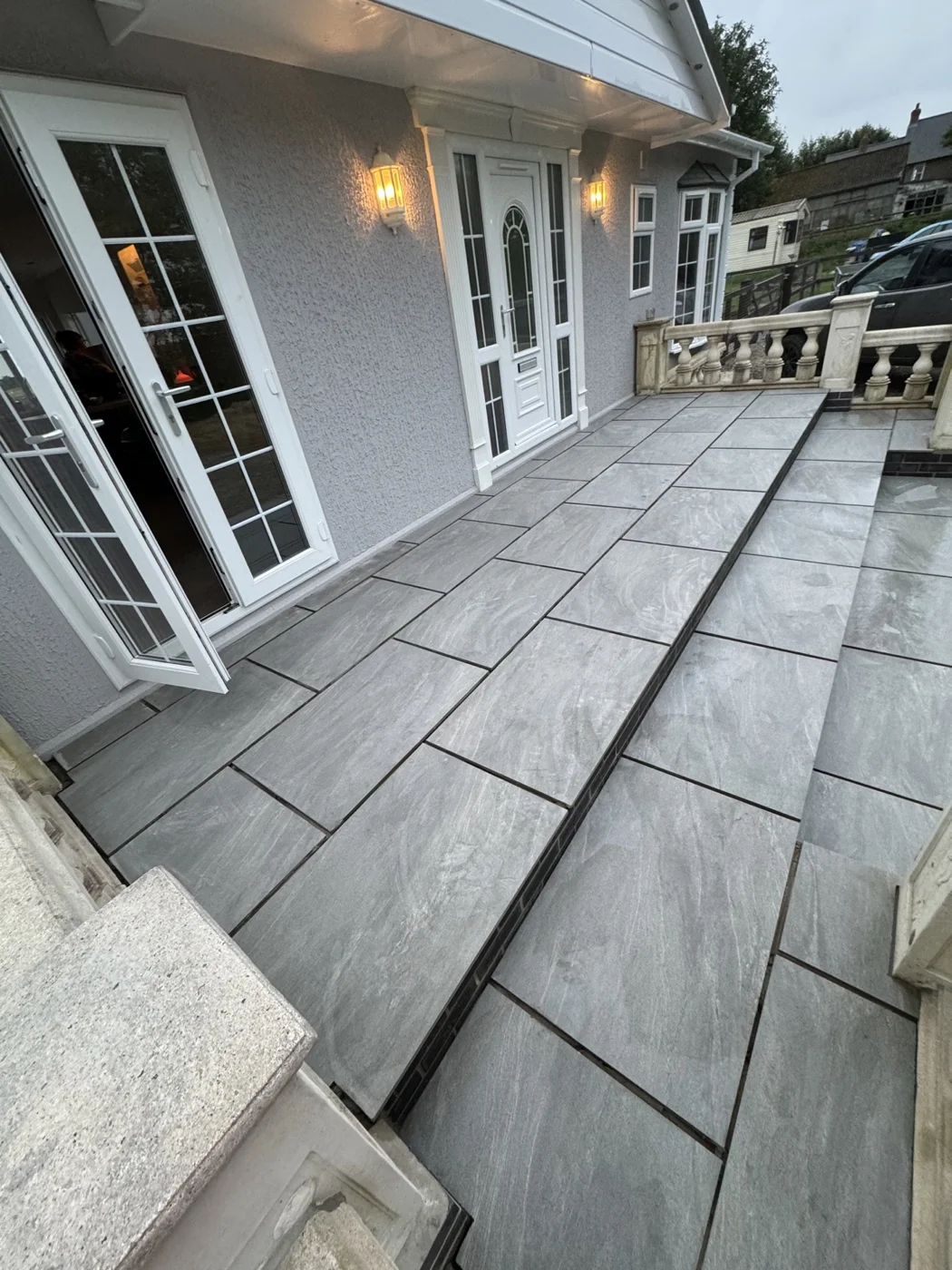 Close view of the finished paving and terrace edge